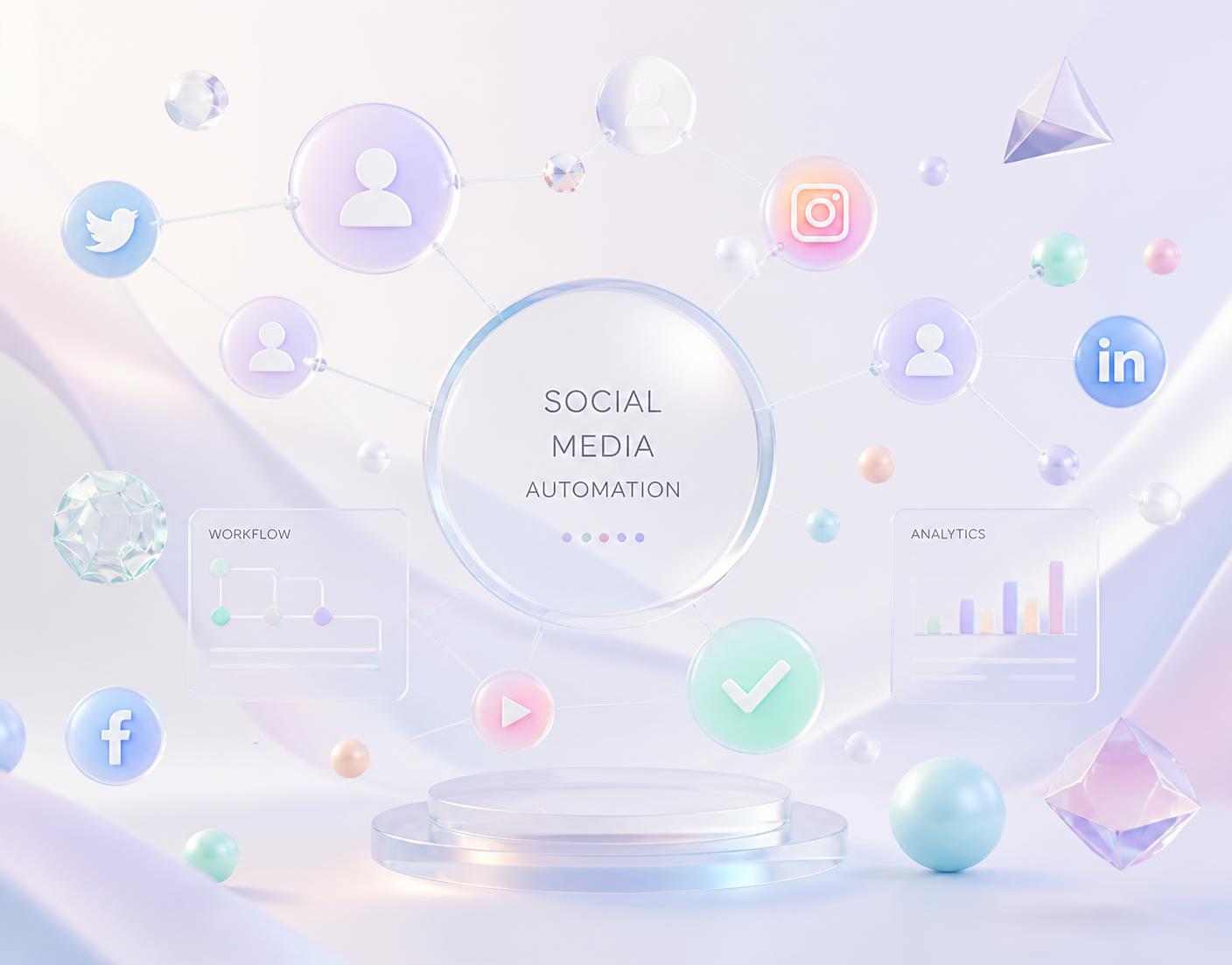 Abstract pastel illustration of social media automation connecting audiences, workflows and analytics